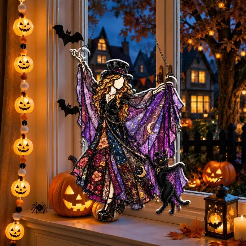 Stevie Nicks Inspired Witchy Woman Suncatcher Bohemian Celestial Hanging Art High-Quality Faux Stained Glass Acrylic Perfect Mystic Gift for Home Decor and Black Cat Lovers