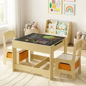 MAMIZO Kids Table and 2 Chairs Set, 4 in 1 Wooden Children Activity Table with Storage Space, Blackboard, Detachable Tabletop for Toddlers Art Crafts, Playroom, Drawing, Reading