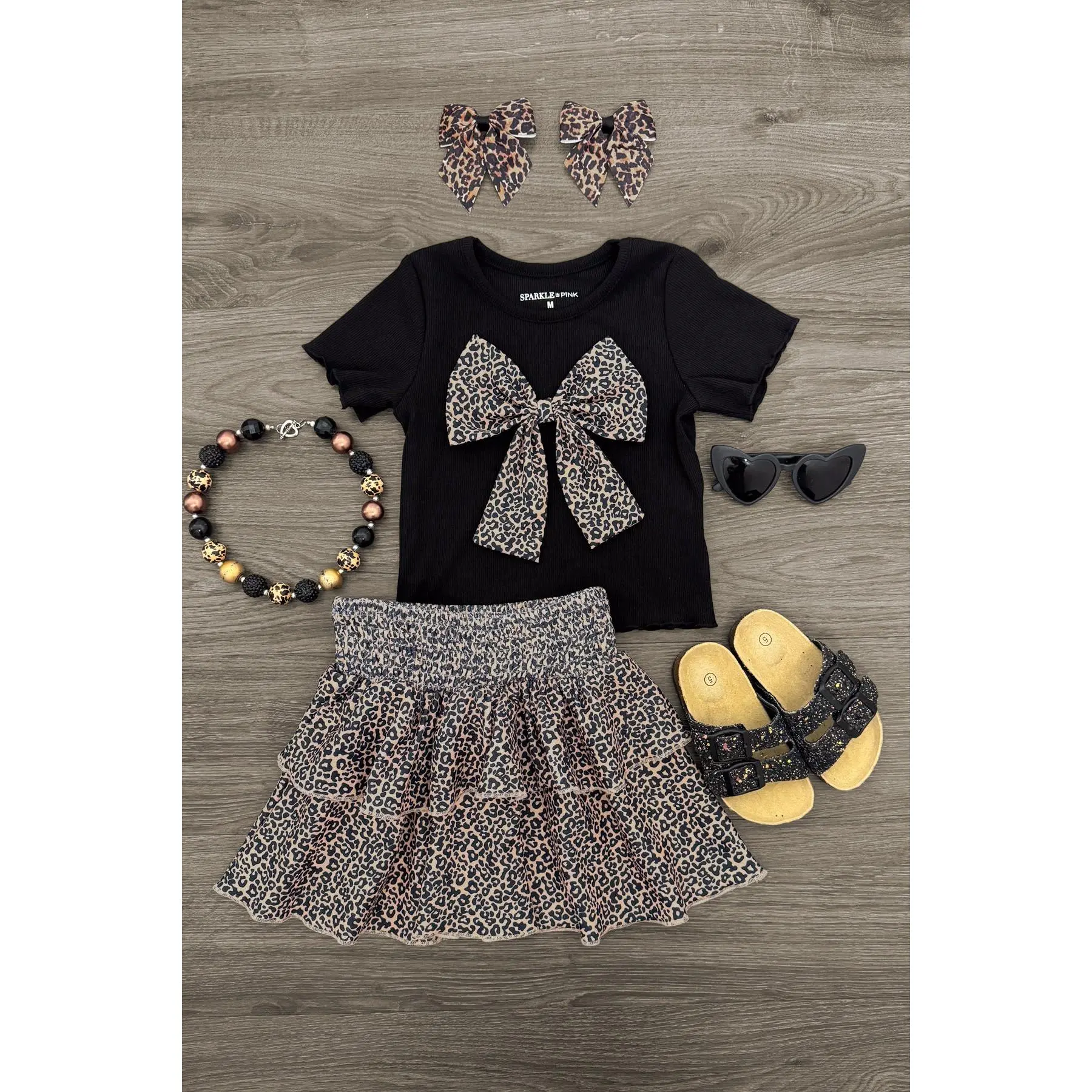 Black Cheetah Print Ruffle Skirt Set
