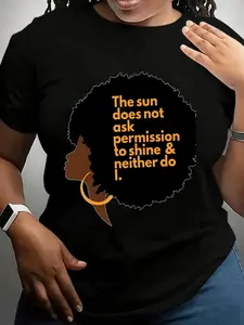 Plus Size - Plus Size - Womens Plus Size Empowering Afro T-Shirt |   The Sun Does Not Ask Permission to Shine - Bold Afro Silhouette & Full-Body Print, Short Sleeve Crew Neck Top, Casual Style, Slight Stretch Fabric