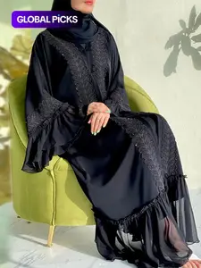 Arabic Clothing- Contrast Lace Belted Abaya without Hijabs, Summer Outfits 2024, Arabic Fashion Long Sleeve Flounce Sleeve Dress, Modest Abaya Clothing for Women, Islamic Abaya