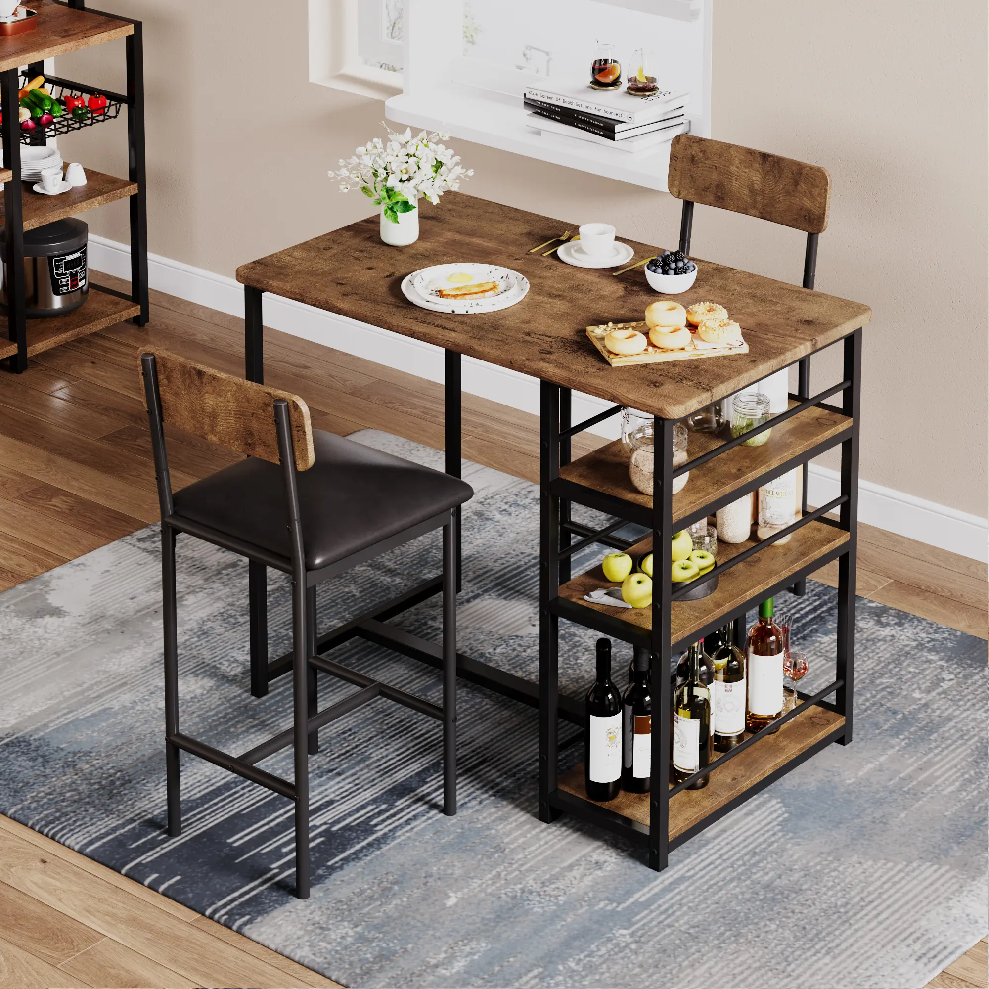 Dining Table Set for 2, Counter Height Bar Table Set with 2 Upholstered Bar Stools, Space Saving Dining Furniture with 3 Storage Shelves, Kitchen Table and Chairs, 3 Piece Dining Room Table Set for Small Space, Apartment, Kitchen Dining Room