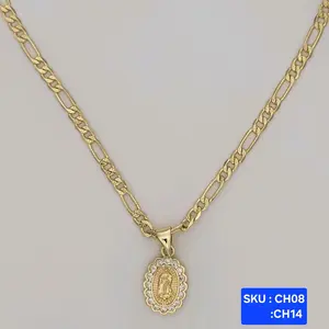 Virgin Mary Pendant with Clear Stones and Chain 24 & 18 Inches 3.5 Millimeters Laminated Gold for Baptism and Communion SKU CH08 CH14