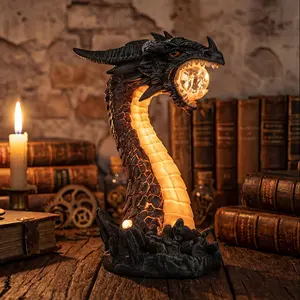 Dragon Decor Statue Lamp | LED Resin Dragon Figurine | Dark Academia Gothic Home Decor for Bedroom & Dungeon Room