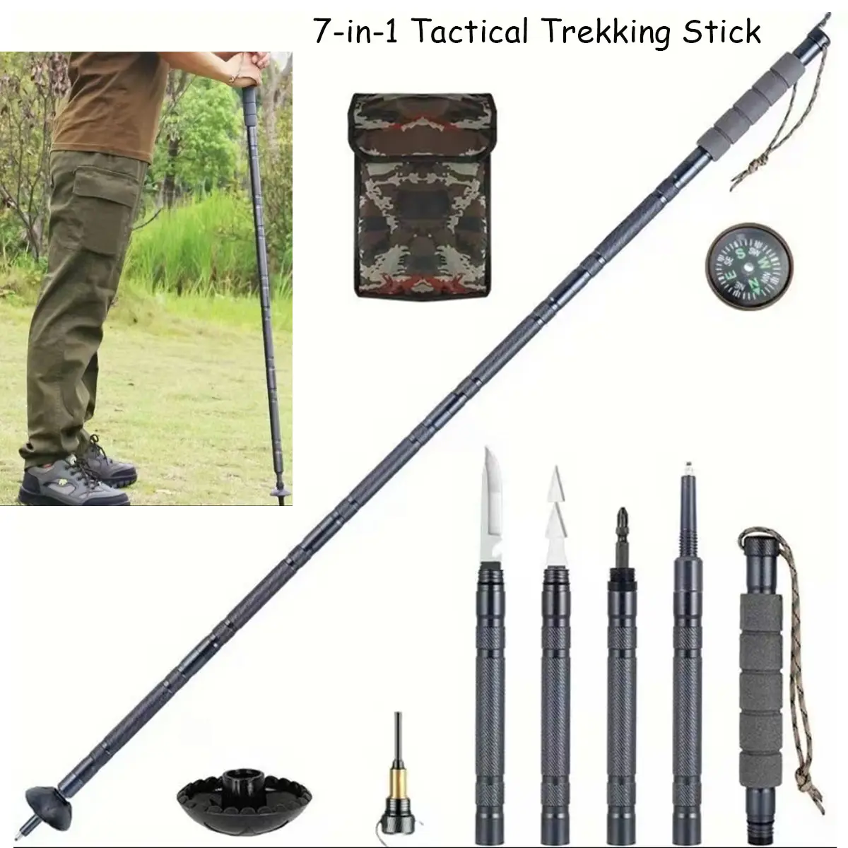 7-in-1 Retractable Folding Tactical Trekking Pole - Multi-Function Outdoor Survival Camping Set with Tinder, Compass, Saw Blade, Screwdriver, Pliers - Adjustable Premium Hiking Travel Accessory