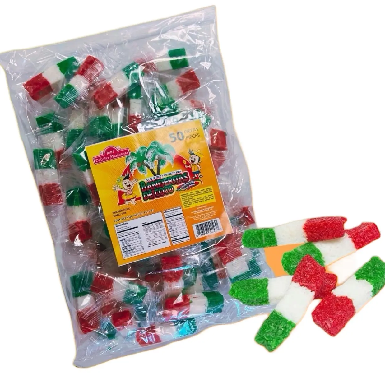 Premium Quality Banderitas De Coco - Mexican Flag Shaped Coconut Candy, 50ct Sweet Chewy
