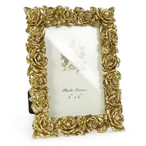 Vintage Gold 4x6 Picture Frame, Gold Ornate Rose Flower Resin Photo Frame with Glass Front for Tabletop or Wall Hanging, Antique Picture Frames for Home Office Decor