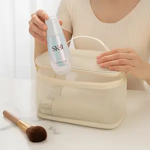 Make Up Bag - Machine Washable Cosmetic Storage Container with Clear Mesh Pocket and Gold Zipper Closure Nylon Makeup