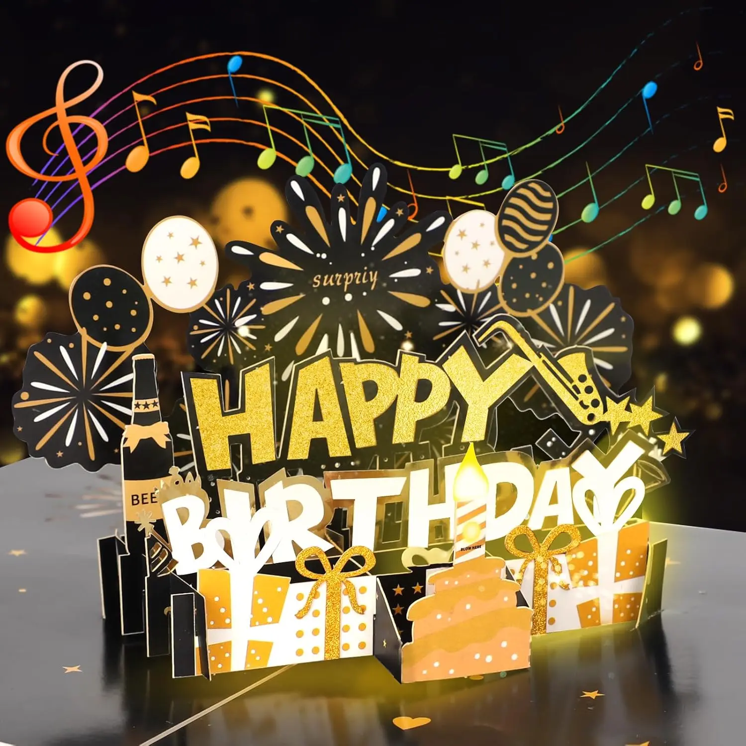 Elegant 3D pop-up birthday cards in black gold, high-grade and exquisite flash cake balloon pattern with envelope are perfect for boyfriend and family birthday gifts.