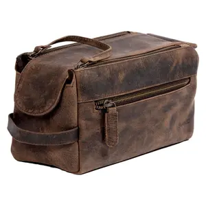 Genuine Buffalo Leather Travel Toiletry Bag – Luxury Dopp Kit with Compartments for Men & Women