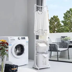 2-Tier Laundry Hamper Sorter with Hanging Bar, Rolling Laundry Baskets with Wheels Removable, Stackable Laundry Cart Organizer and Storage for Small Space, Dorm, Closet, Bathroom