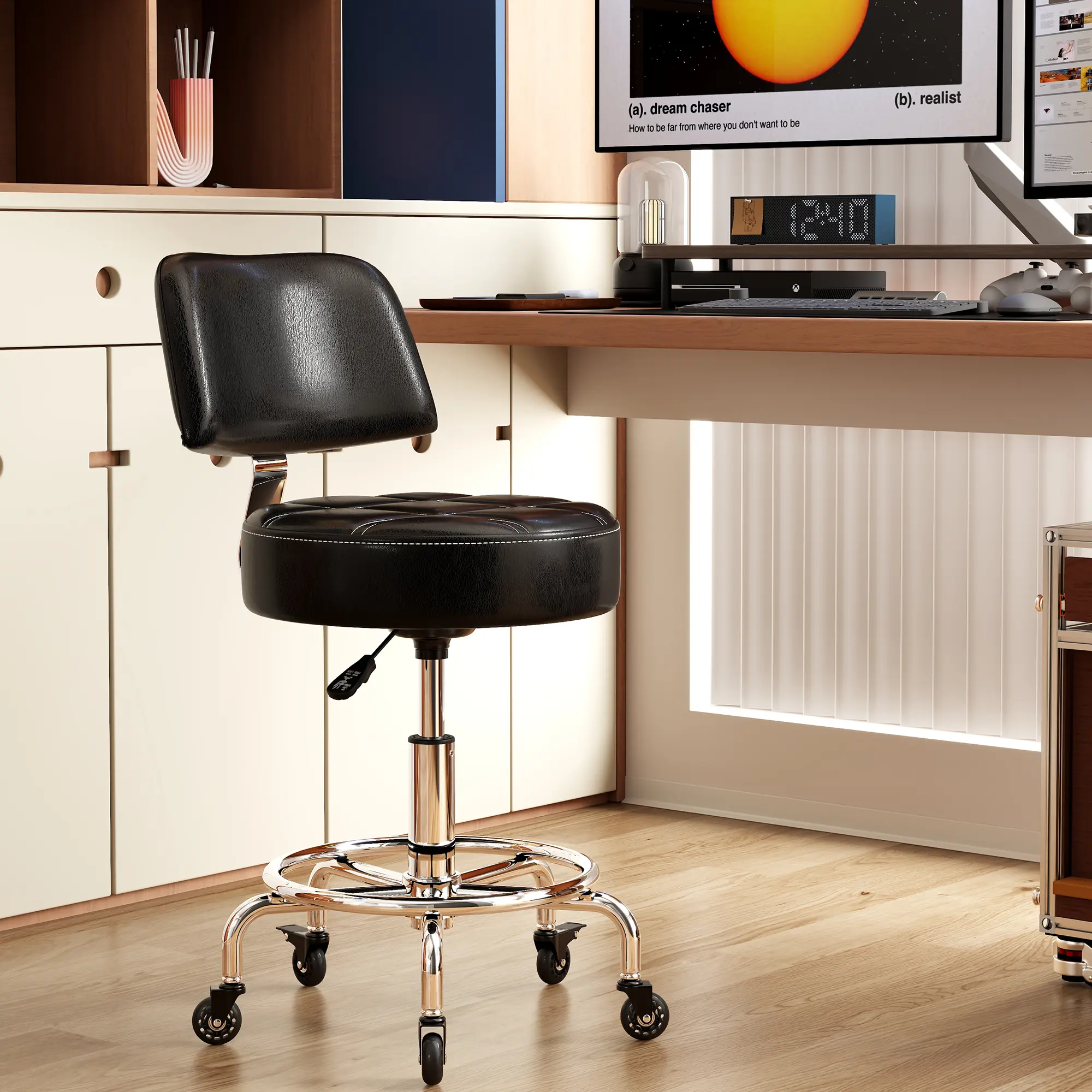 Black Adjustable Drafting Chair Stool with Backrest and Foot Ring, Padded Rolling Office Chair for Standing Desk, Studio and Workshop