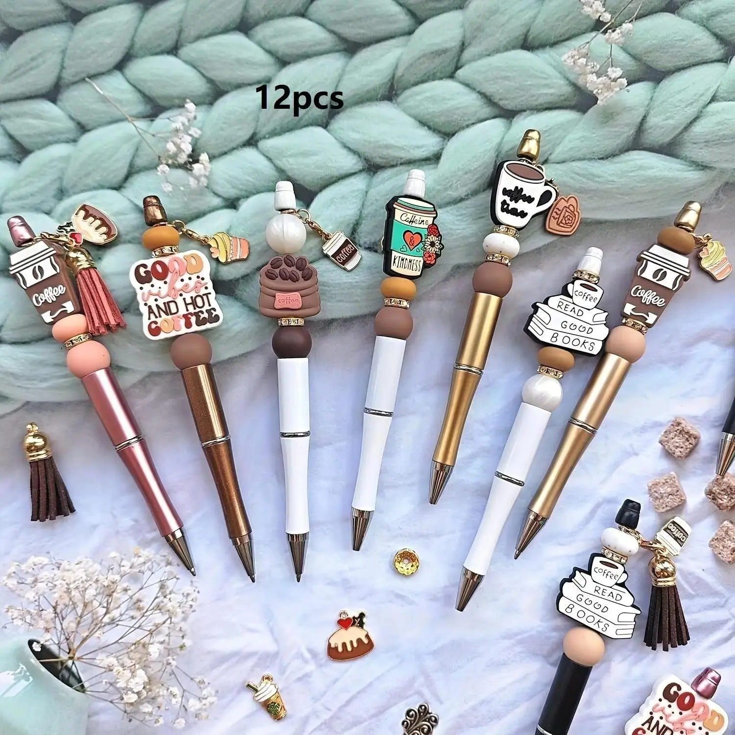 12-Piece Coffee Culture DIY Bead Pen & Tassel Pendant Set, Beaded Tassel Charms, Jewelry Making Kit, Creative Handmade Materials, Perfect Gift for Coffee Lovers, DIY With Charms, DIY Kits