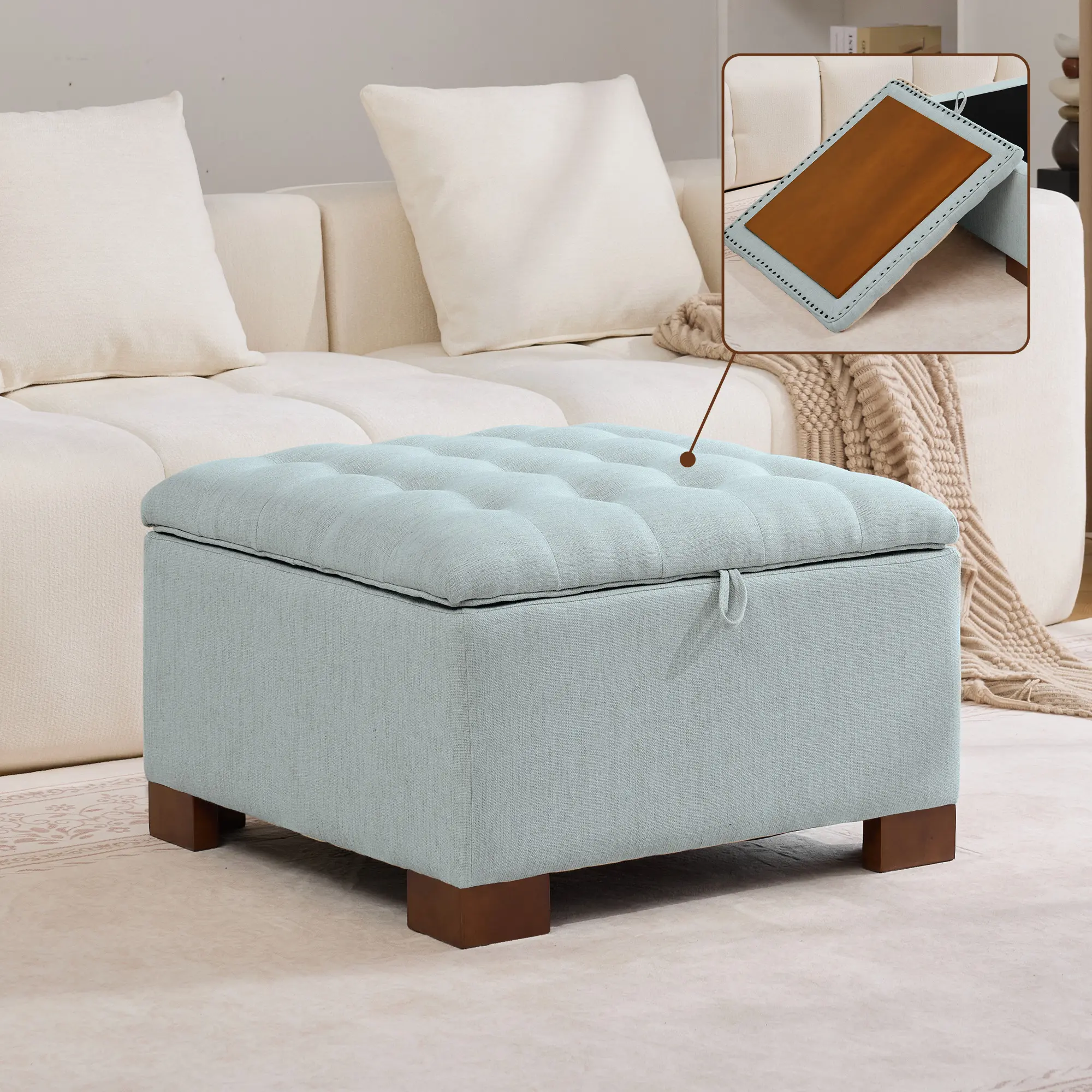 Short Armless Single-Seat Fabric Storage Ottoman - Soft Padded Linen/Leather Modern Tufted Button Stool with Wooden Tray, Multifunctional Indoor Furniture with Storage Space for Living Room, Bedroom