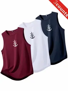 3-Pack Men's Anchor & Ship Wheel Print Tank Tops, Casual Sleeveless Crew Neck Shirts, Breathable Daily Wear Tops for Men, 3 Colors Available