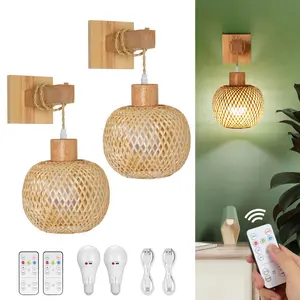 Set of 2 Battery Operated Wall Sconce with Remote Control, Rechargeable Rattan Wall Sconces with Bulb, Wireless Woven Bamboo Lantern Wall Light Boho Wall Lamp for Bedroom Living Room Hallway