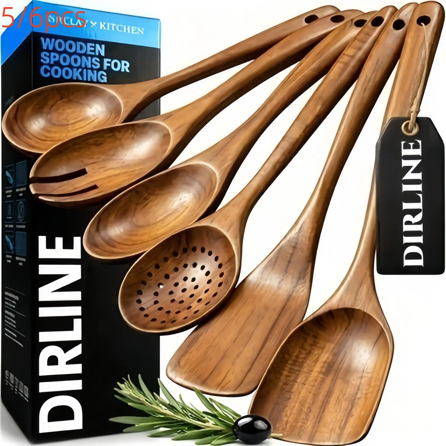 6-piece set: optional natural wood cooking utensil set—heat-resistant, nonstick kitchen utensils including wooden spoons, ergonomically designed stirring spoons, and scrapers; suitable for baking and stir-frying; service tools.