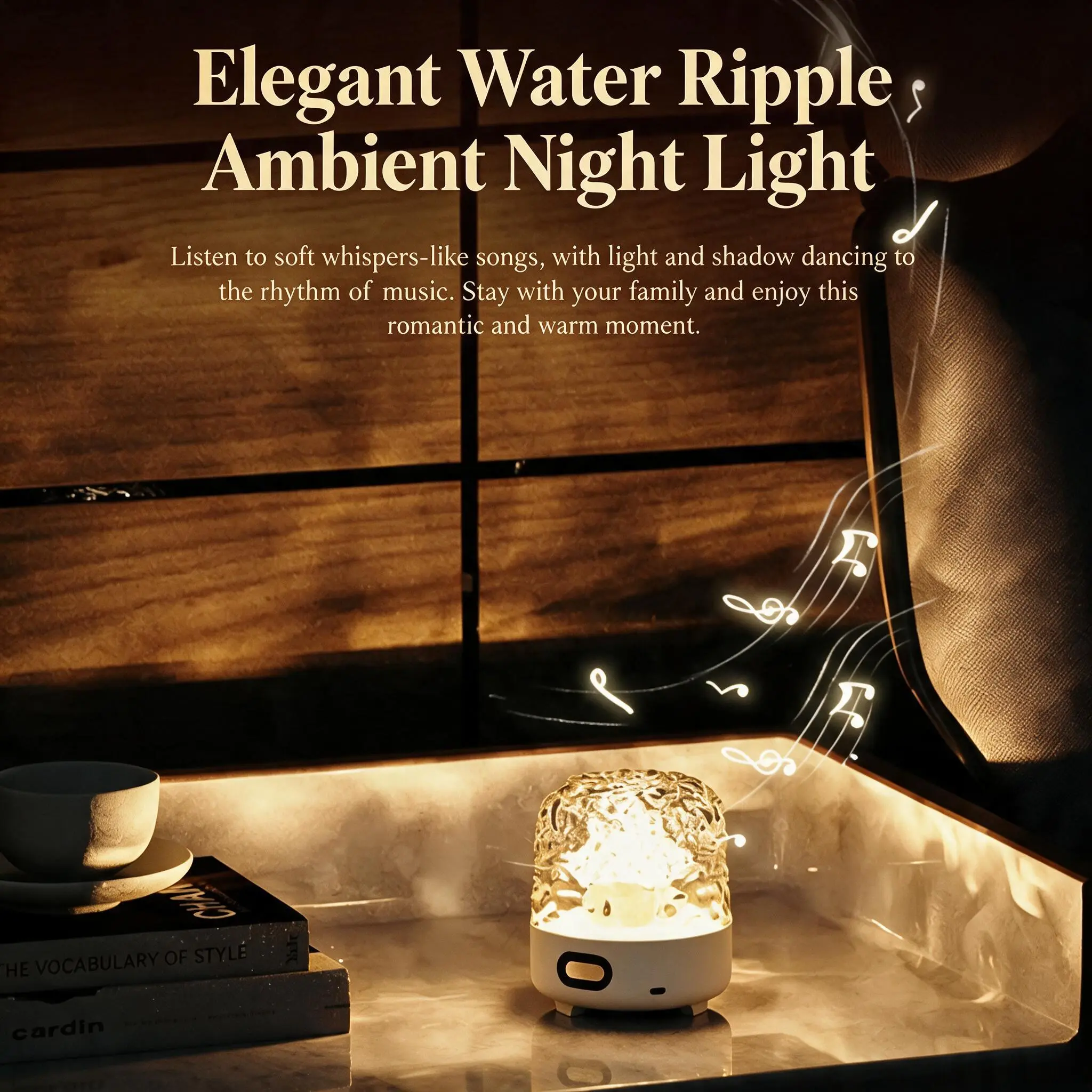 A 2-in-1 Bluetooth speaker and water-ripple projection light featuring 360° surround sound, 16 lighting colors, and 3 modes; creates romantic wave and starry sky effects—a creative home decor piece.