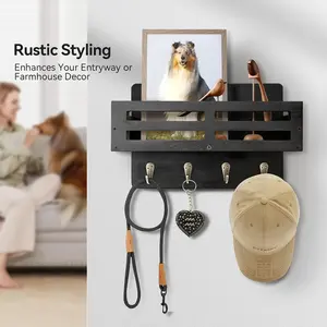 Key Holder Wall Mount, 10 inch Decorative Key and Mail Holder for Wall, with Mail Organizer & 4 Key Hooks, Rustic Wooden Key Rack for Hanging Dog Leash Sunglasses, Entryway Key Hanger, Black