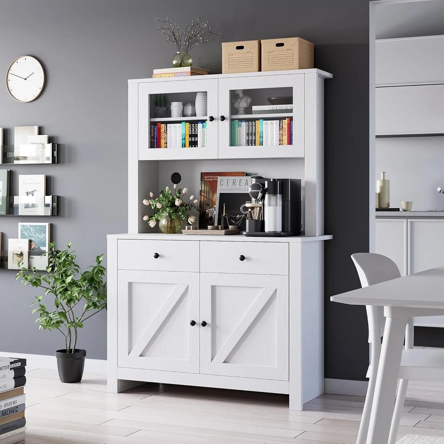 Modern Kitchen Pantry Cabinet - Particle Board Kitchen Furniture with Microwave Slot, Multi Compartments & Easy Install for Dining Area
