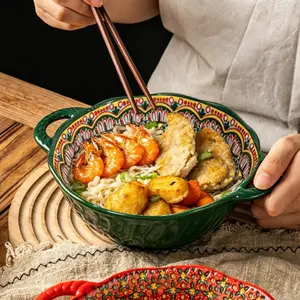 Bohemian Style Relief Dual Ear Ceramic Bowl, Ceramic Food Bowl, Dual Handles, Suitable for Salad, Pasta, Home and Restaurant Use, Microwave Oven Friendly, Multifunctional Kitchenware