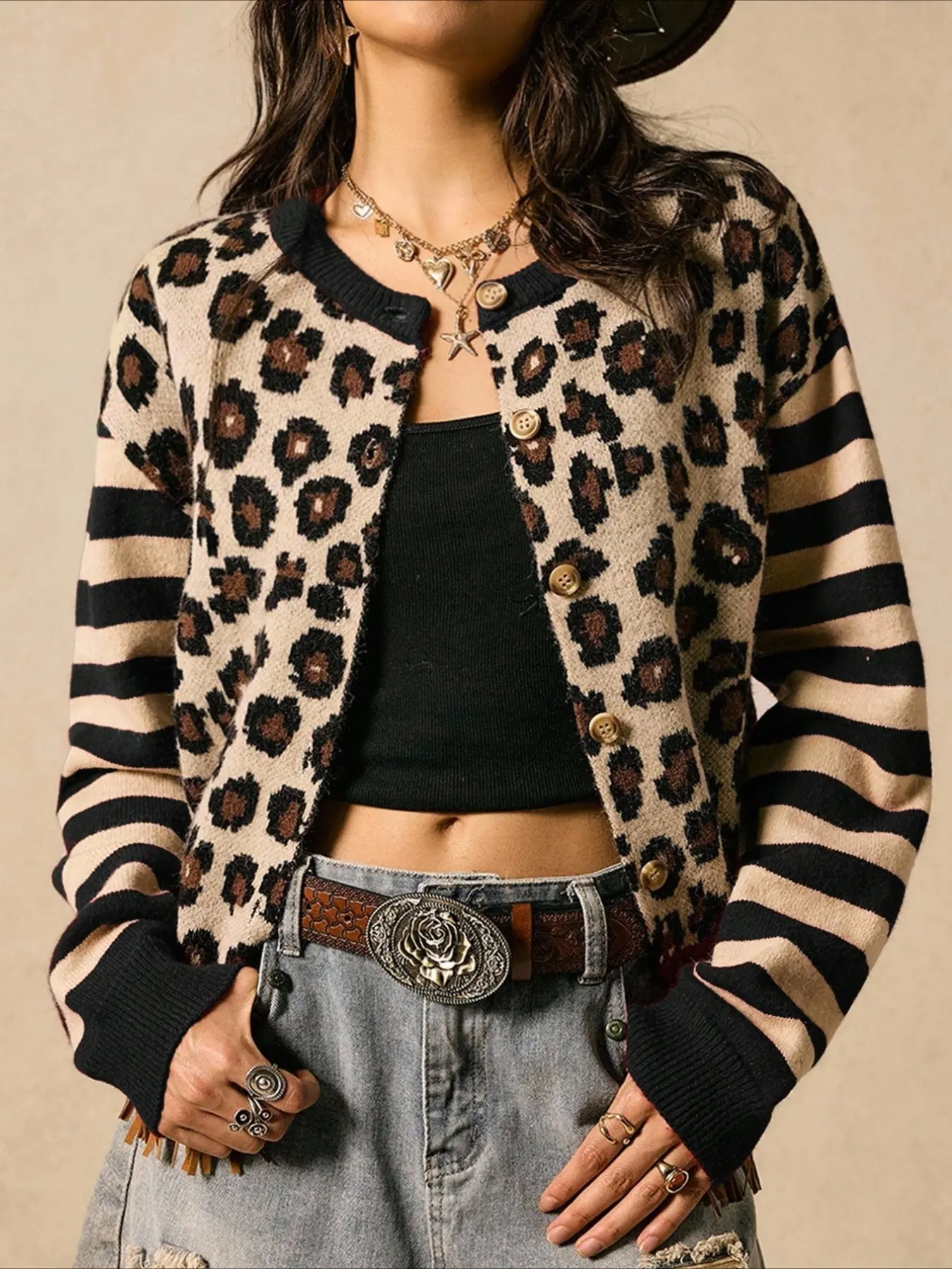 Women's Leopard Print Knit Cardigan, Womenswear, Knitwear, Knitting, Long Sleeve Fitted Top, Y2K Style, All Seasons, Casual Fashion, Perfect for Fall & Winter, Trend, Fitted Sweater Tops