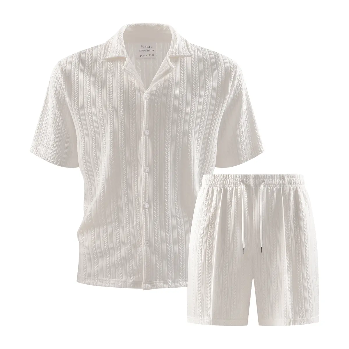 Men's 2 Piece Fitted Collared Neck Shortsleeve Shirt & Shorts Set Menswear, Polyester Casual Textured Button Up Outfit for Summer Holiday, Basics, Machine/Cold Washable Clothing Set