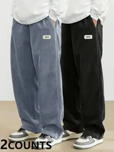 Men's Solid Drawstring Waist Corduroy Pants, Loose Casual Comfy Straight Leg Trousers for Spring & Fall, Men's Bottoms for Daily Wear, Casual Slant Pocket