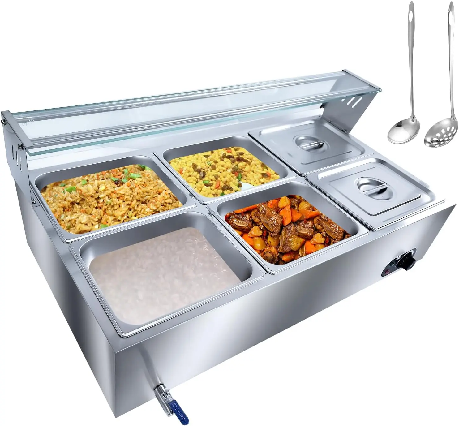 Gaomon Commercial 6-Pan Stainless Steel Food Steamer - 72Qt Large, 1500W Countertop, 6in Deep Pans, Tempered Glass Cover, 86-185°F Temp Control, Reset Button, Easy to Use, Internal Water Level Marker, Long Lasting Warmth for Commercial Kitchens, Large Siz