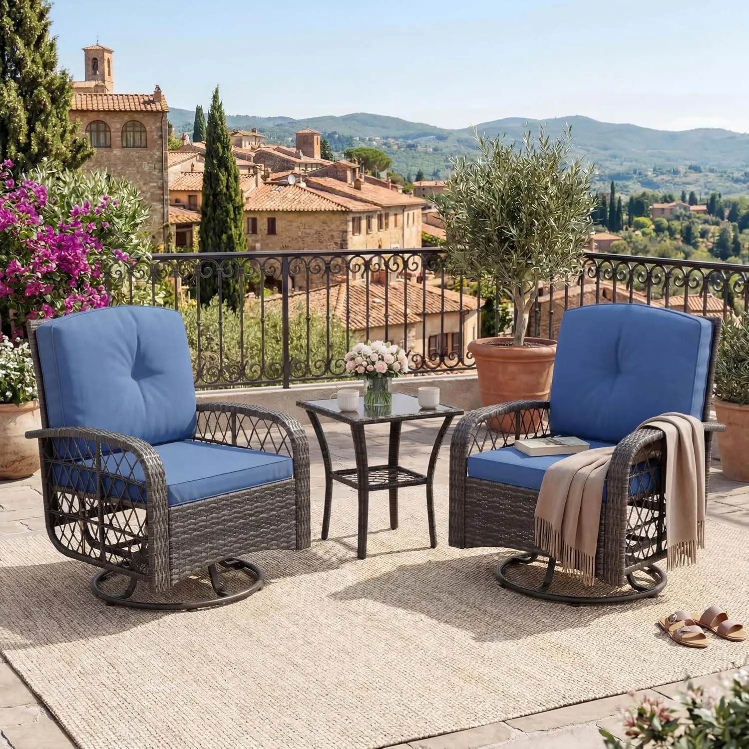 Gaomon 3-Piece Patio Outdoor Swivel Glider Rocker Furniture Set - Sturdy Ergonomic Modern Outdoor Furniture Set with Washable Cushion, Tempered Glass Tabletop, Easy Setup