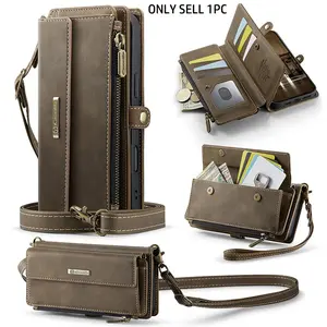 Multifunctional Protective Leather Phone Case Cover with Long Strap & Short Hand Strap, Multi Card Slot Zipper Bag Wallet Pocket, Magnetic Suction Shoulder Bag for iPhone