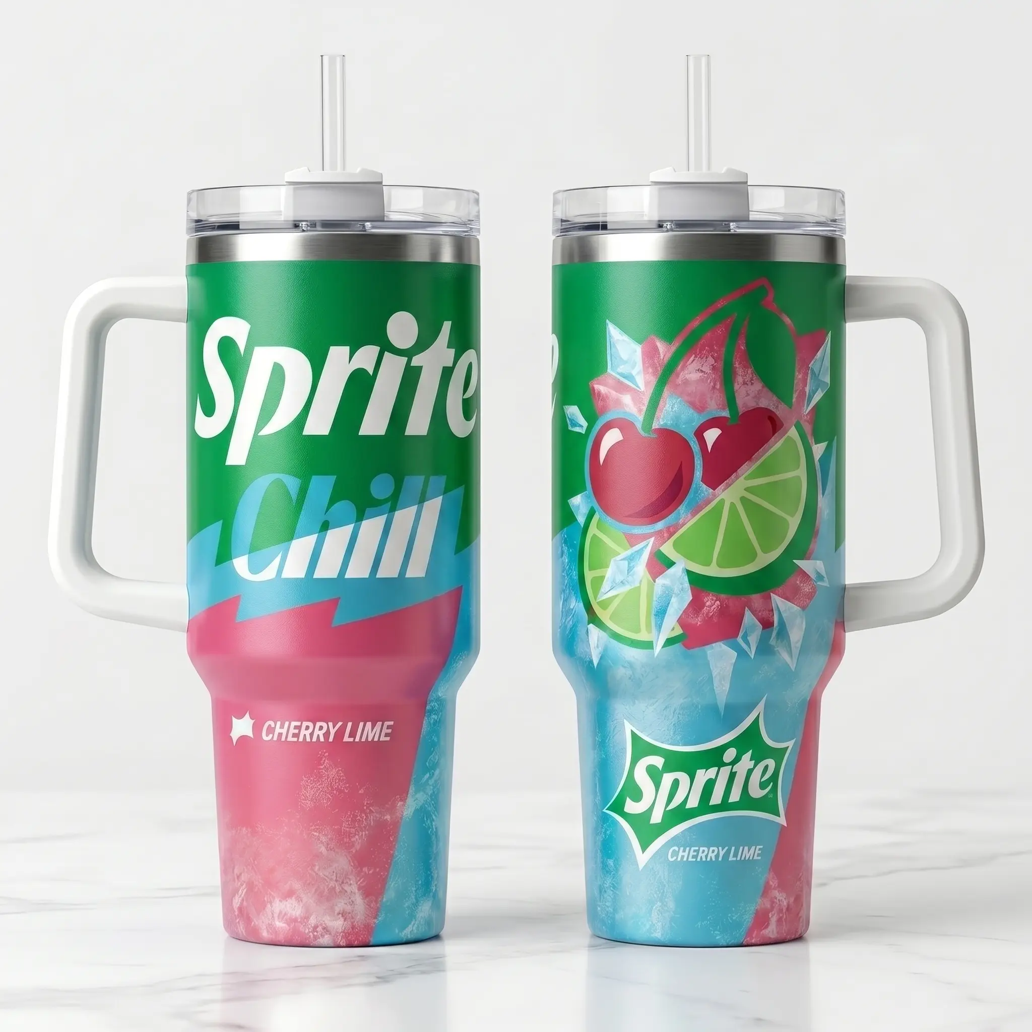 Sprite Chill Cherry Lime 40oz Tumbler with Handle, Ice Cold Splash Lemon Lime Aesthetic Cup, Vacuum Insulated Stainless Steel Travel Mug, Leak Resistant Lid & Straw, Car Cup Holder Friendly, Authentic Neon Soda Flavor Fans Summer Gift