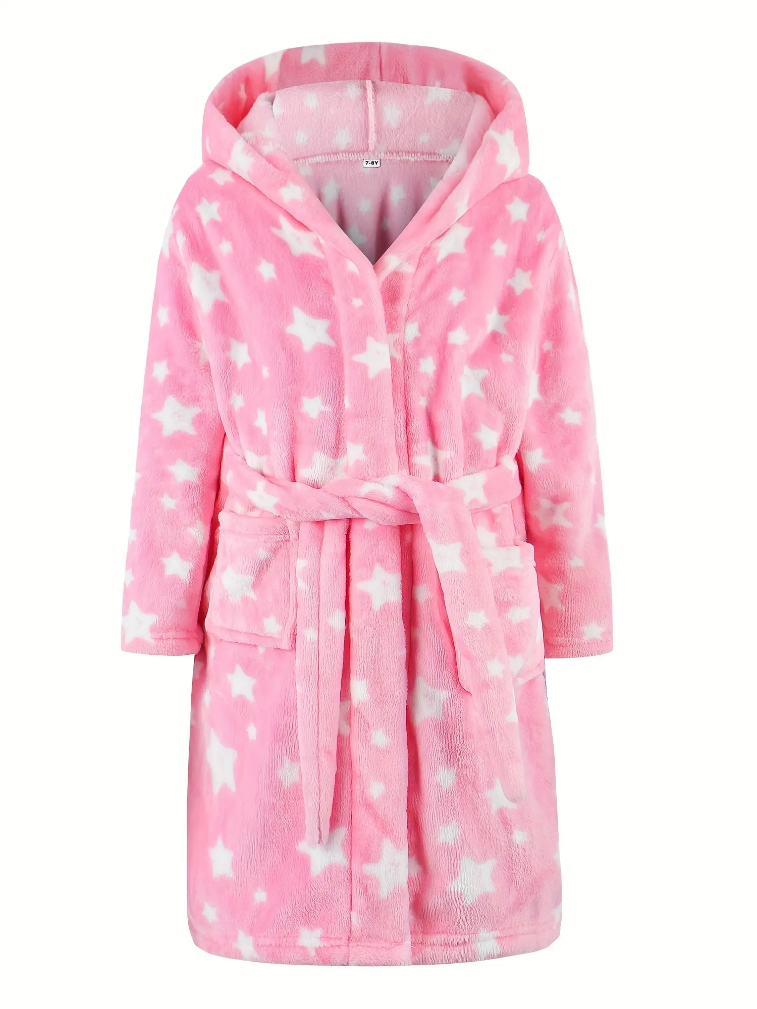 Kids Star Print Bathrobe - Cute Pink Hooded Fleece Robe for Toddler Girls Boys, Ultra Soft Plush Flannel Warm Sleepwear Loungewear with Pockets and Waist Belt, Perfect for Bath Shower Pool Beach Spa, Cozy Nightwear Pajamas Magical Holiday Gift