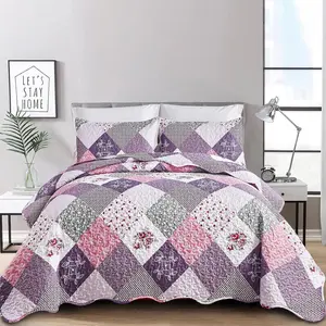 Quilt Set  Size, Reversible Floral Plaid Patchwork  Bedding Set Soft Microfiber Lightweight Bedspread Coverlet 3 count Spring Summer Use (90x90 inches)