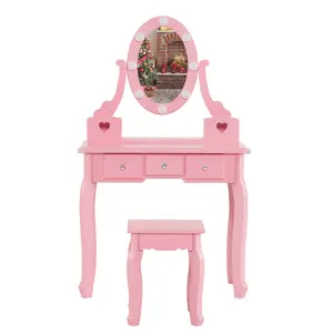 Karlhome Kids Vanity Set with Mirror and Lights and Stool, 5 Storage Drawers, Pretend Play Princess Makeup Desk Dressing Table and Stool Set for Little Girls Age 3+, Macaroon Pink