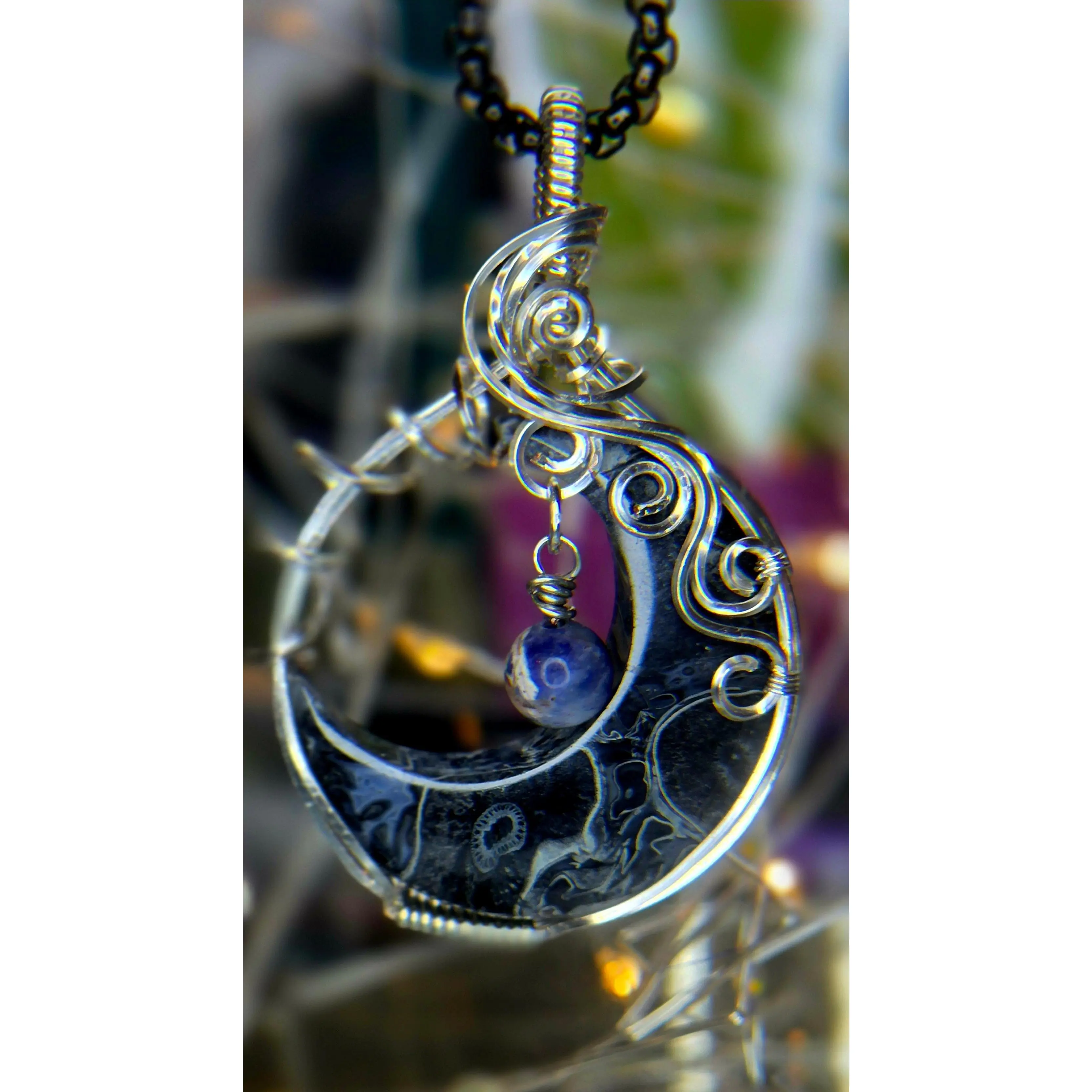 Moon And Earth – Fossilized Palm Root & Sodalite Silver Plated Copper Pendant