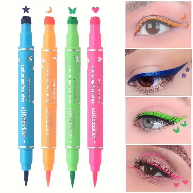 Liquid Stamp Eyeliner Set of 4 - Colored Gel Felt Tip Eyeliners with Star, Heart, Moon, Butterfly Stamps - Mixed Color System Slim Wingliner Shapes for Creative Makeup Styles Eyeliner Pen Cosmetic Eye Makeup Products