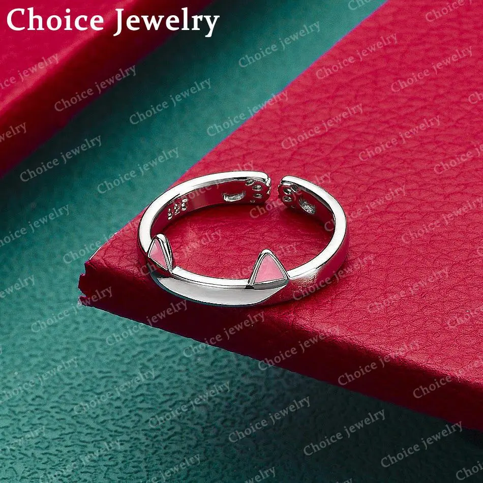 925 Sterling Silver Cute Pink Cat Ears Ring for Women's Opening Design Fashion Jewelry Perfect for Everyday Accessories