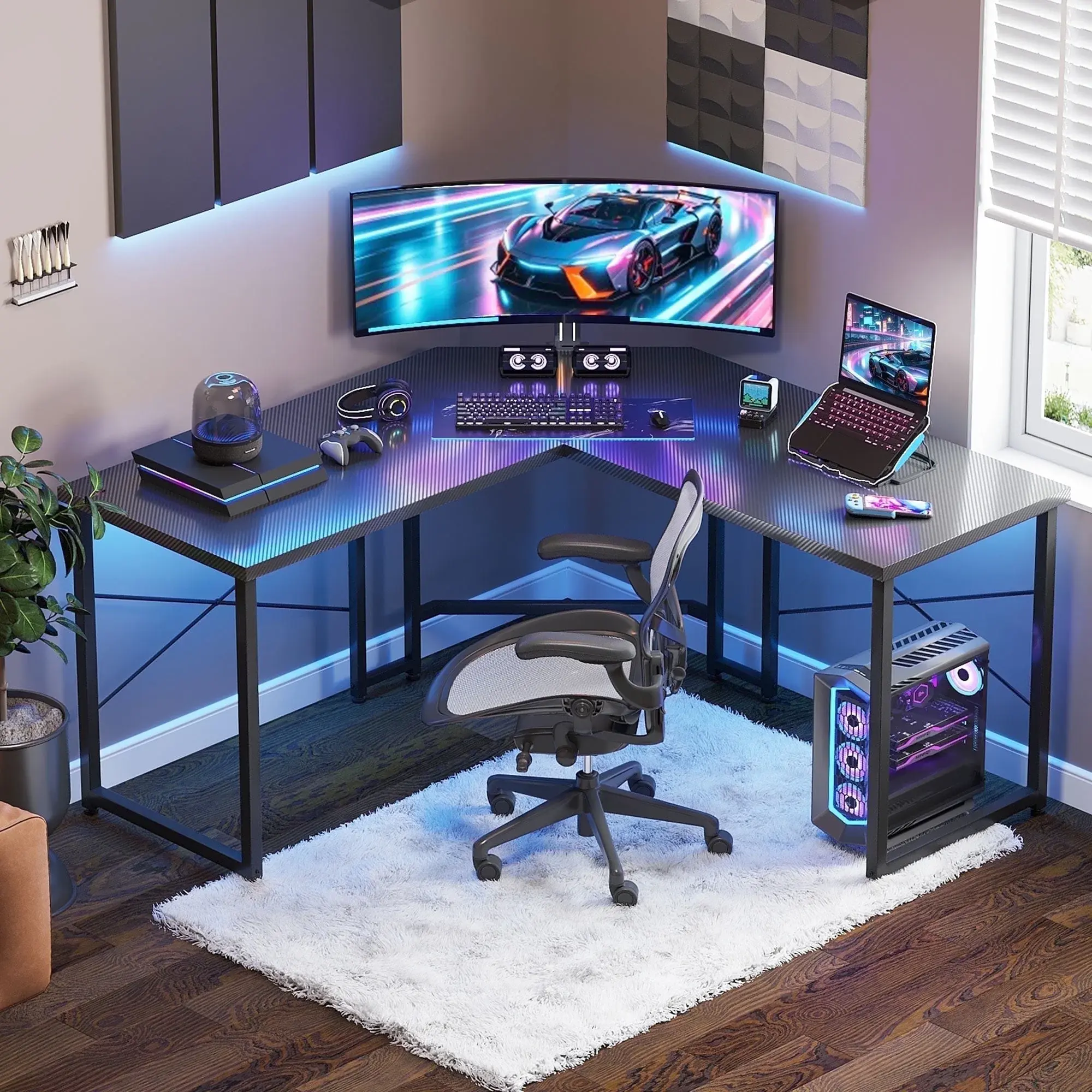 AODK 51-Inch L-Shaped Gaming Desk - Carbon Fiber Black Home Office Desk