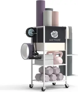 Yoga Mat Storage RackHome Gym Storage Rack Gym Workout Equipment Storage Organizer Fitness Weight Rack on Wheels for Yoga Mat,Yoga Block, Roller,Resistance Band,Dumbbell,Kettlebell and Other Workout Accessories