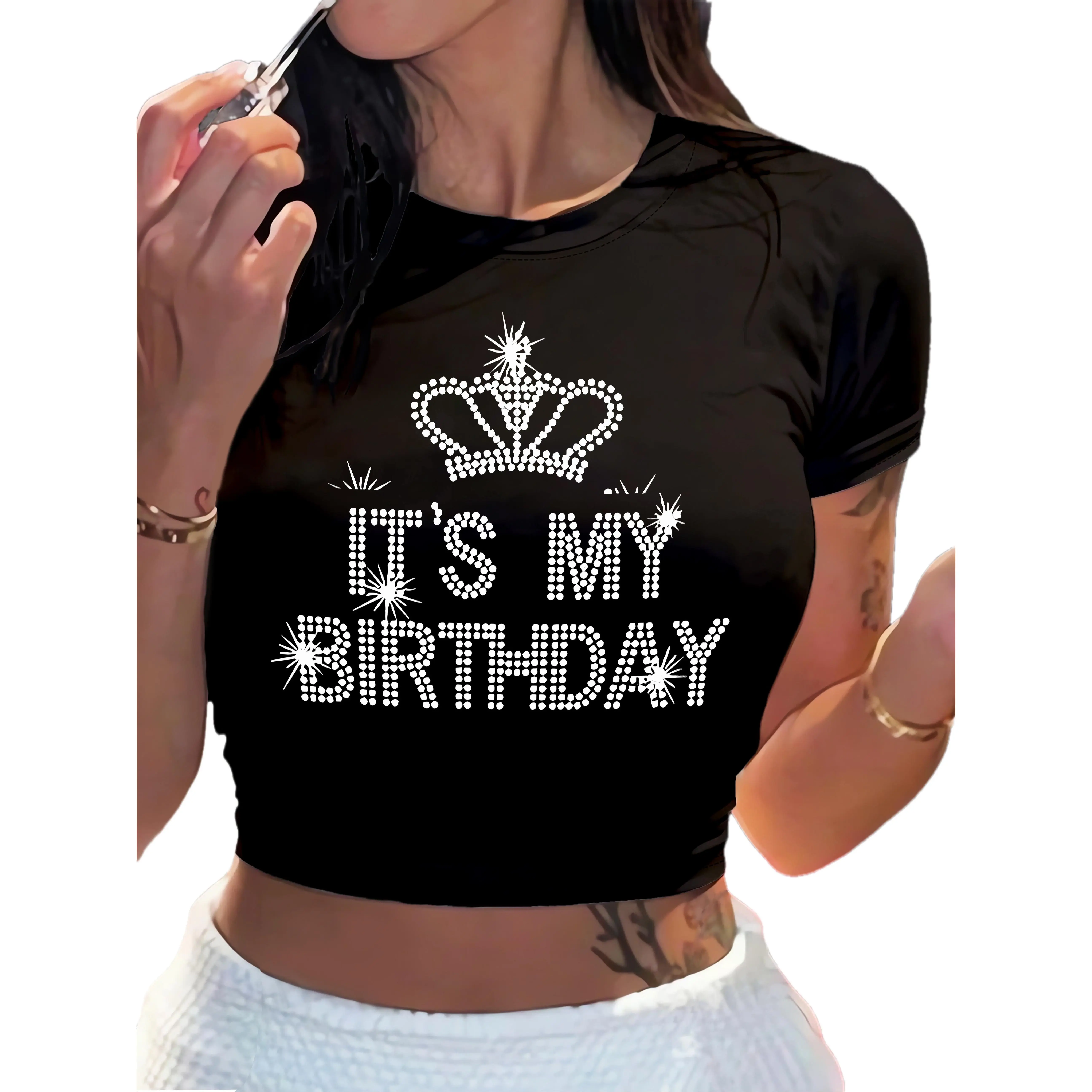 Women's Lady Round Neck Shortsleeve T-Shirt - Casual Slim Fit Crop Top with Breathable Fabric for Summer Sports & Outdoor Activities, Tshirt