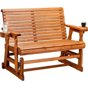 【Father's Day Gift】Outvita Outdoor Glider Wood Patio Chair with Cup Holders, Outdoor Bench Glider Loveseat with Smooth Rocking Mechanism, Heavy Duty 800 LBS Summervibes