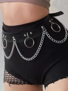 Women's Punk Style Leather Waist Chain Belt with Wave Chains & Large O - rings, Gothic Rock Metal Ring and Chain Decorative Waistband, Adjustable Waist Accessory for Rave Festival Club Party Outfits