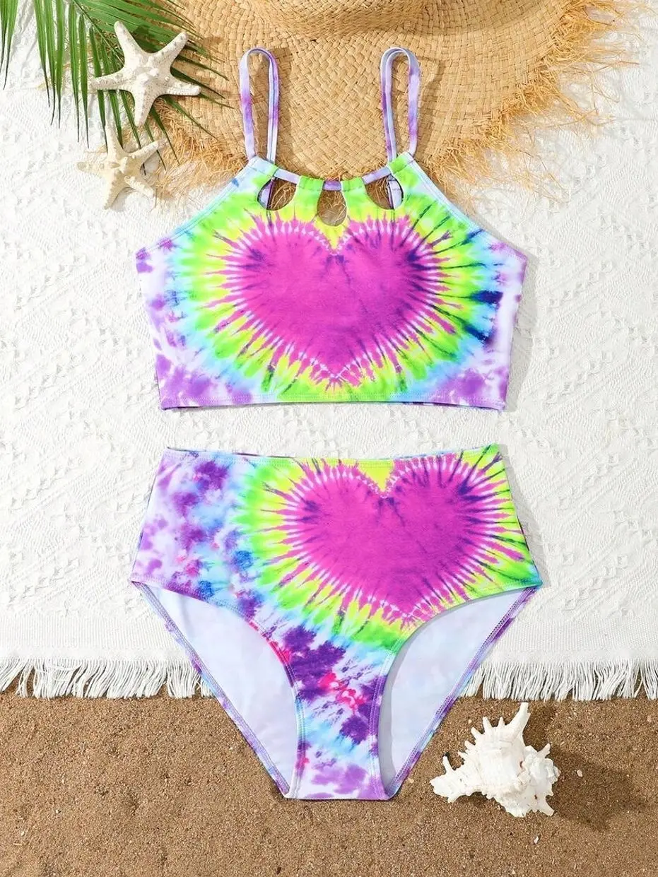 Teen Girls Heart Tie Dye Cutout Bikini Set - Teenage Swimwear for Beach Vacation