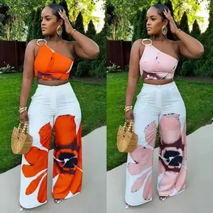sporty breathable outfit Matching Sets Wide Leg Full Length Pant Sexy Print One Shoulder Tops Pullover Pant Sets Loose Pockets High Street Spliced