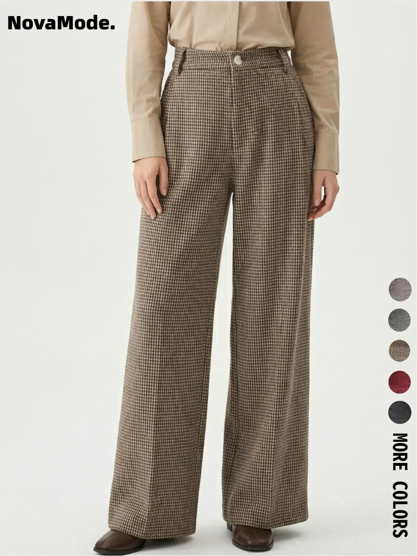 Women's autumn and winter thousand-bird pattern, Houndstooth heavy-duty fabric pleated button elastic waist wide-leg trousers split zipper work chic Casual Fashion Trousers autumn and winter essential Casual Work Pants