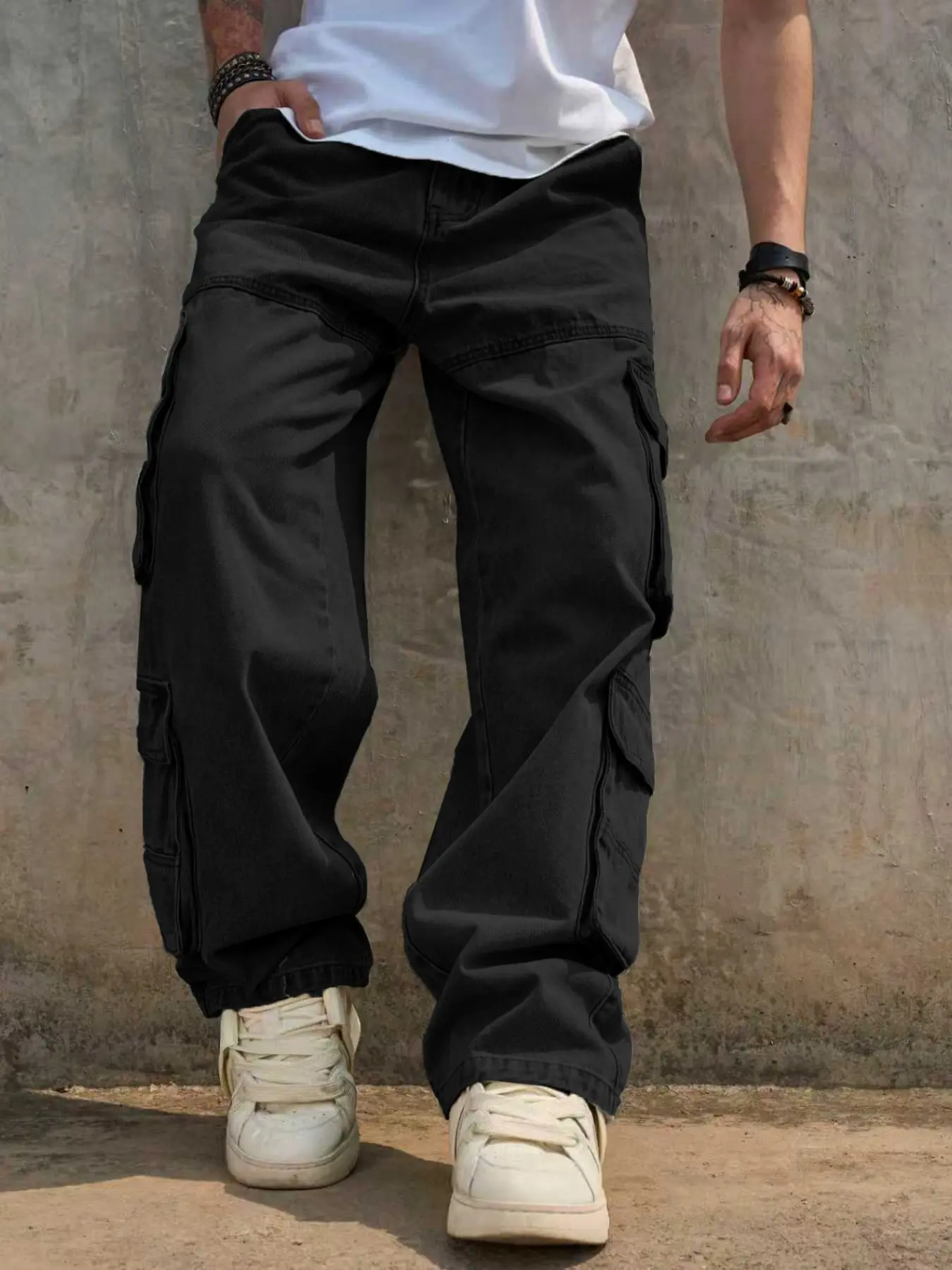 Men's Washed Distressed Vintage Multi-Pocket Workwear Jeans, Loose-Fitting Straight Leg Pants, Casual Street Style Pocketed Denim Trousers, Baggy Jeans Streetwear