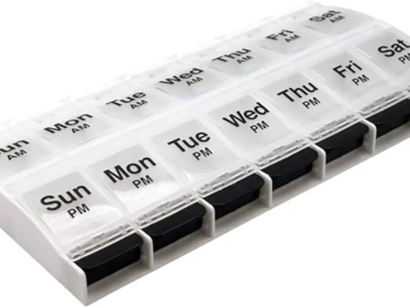 Push Button Pill Case - 7-Day Medicine Planner with Large Compartments, BPA Free, Clear/Light Black, Healthcare, Arthritis Friendly, AM/PM Use