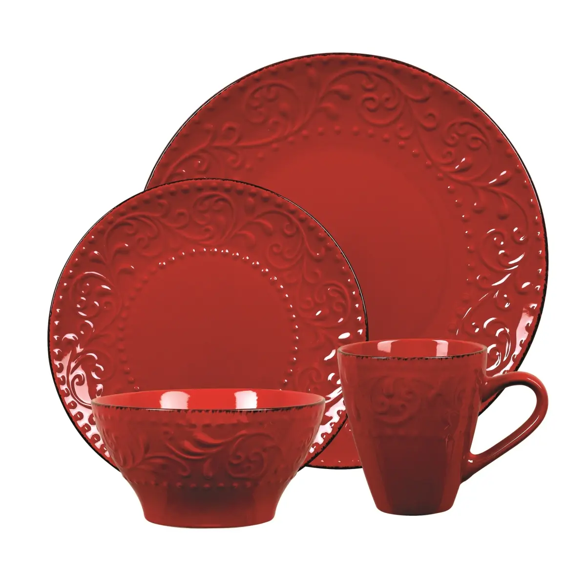 212 MAIN 16-Piece Modern Stoneware Scroll Motif Tableware Set - Red Dinner Set with Mugs, Bowls, Dishwasher-Safe Kitchen Tableware, Dinner Sets