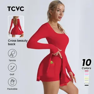 TCVC Women's Seamless Knit Sports Pocket Dress, Solid Cross Back, Long Sleeve Square Neck Tennis Dress, Indoor Outdoor Sports Yoga, Skin-Friendly Fabric, Tight-Fitting Shaping Flattering Figure